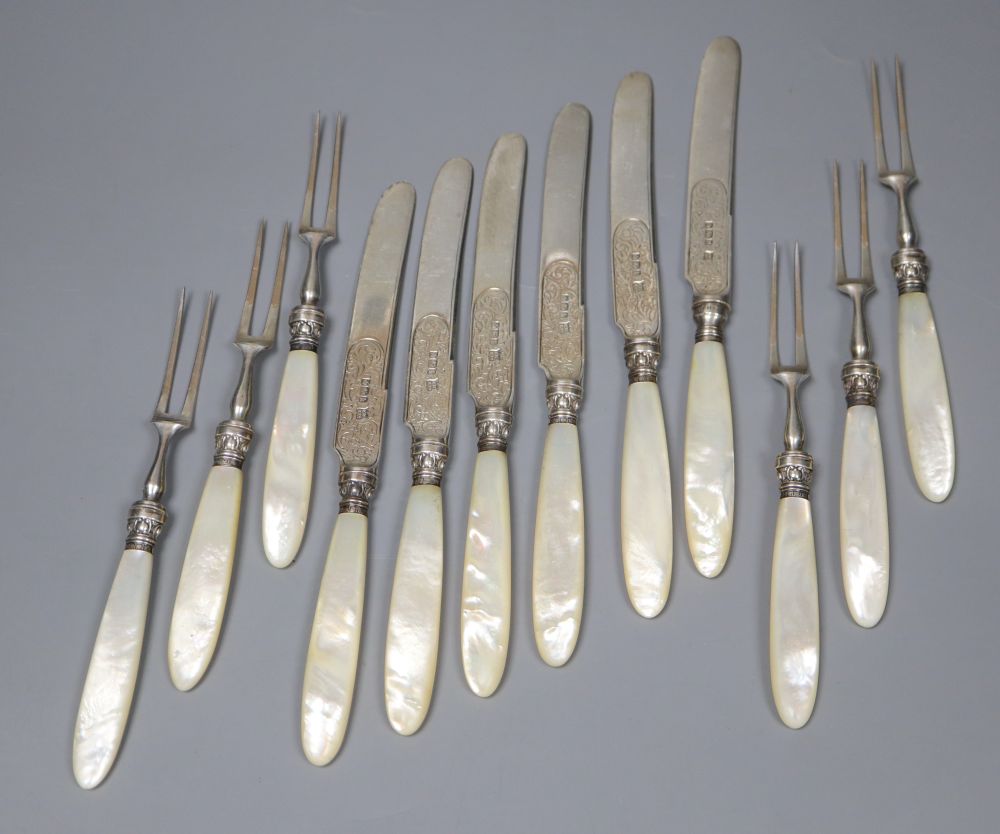 Six pairs of Edwardian mother of pearl handled silver dessert eaters, Fenton Brothers Ltd, Sheffield, 1902/08.